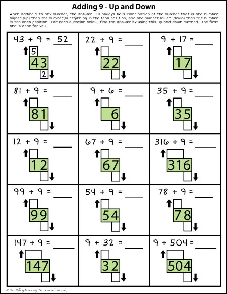 An addition strategy for kids. "Adding 9" strategy worksheet.