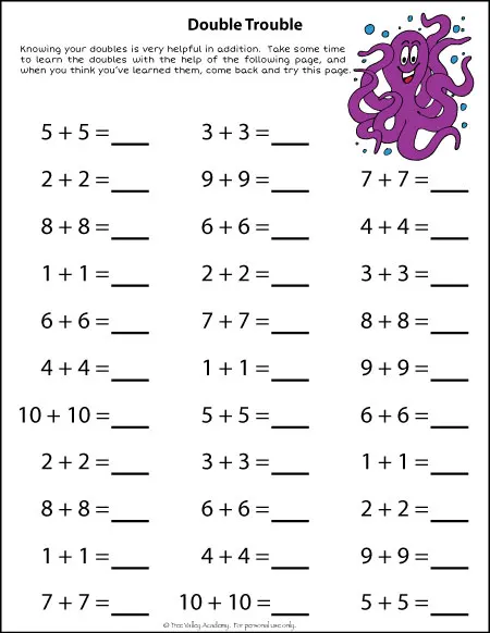 An addition strategy for kids: "Adding Doubles" printable worksheet.