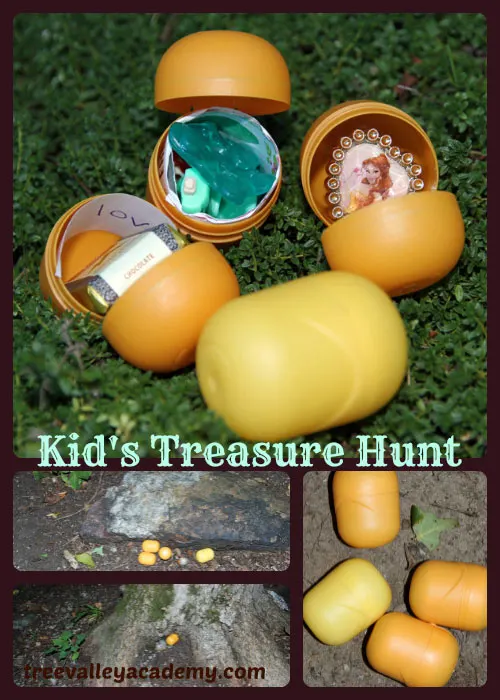 Putting small treasures in Kinder Surprise Egg Containers for a kids pirates treasure hunt.