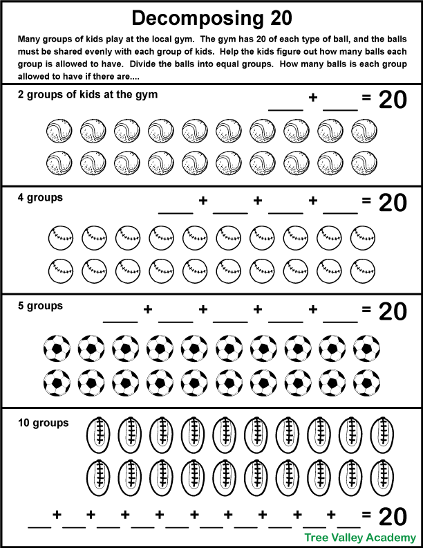 Free Grade 1 math printables. Worksheets on the number 20 with a sports theme. Number bonds of 20, decomposing 20, and dividing 20 into equal groups.