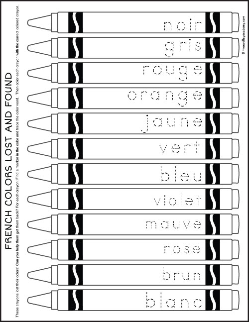 Free coloring printable to help kids learn the colors in french. Kids will trace the color word on each crayon and then color the crayon the correct color.