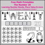 Free Grade 1 math printables. Number bonds of 20; subtracting on a number line; place value; spelling the number twenty; ten frames; odd and even; numbers before and after, and decomposing 20.
