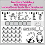 Free Grade 1 math printables. Number bonds of 20; subtracting on a number line; place value; spelling the number twenty; ten frames; odd and even; numbers before and after, and decomposing 20.