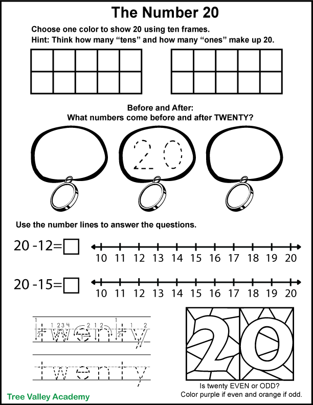 Free Grade 1 math printables. Number bonds of 20 with a sports theme; subtracting on a number line; place value; ten frames; odd and even; numbers before and after, and tracing the word twenty.