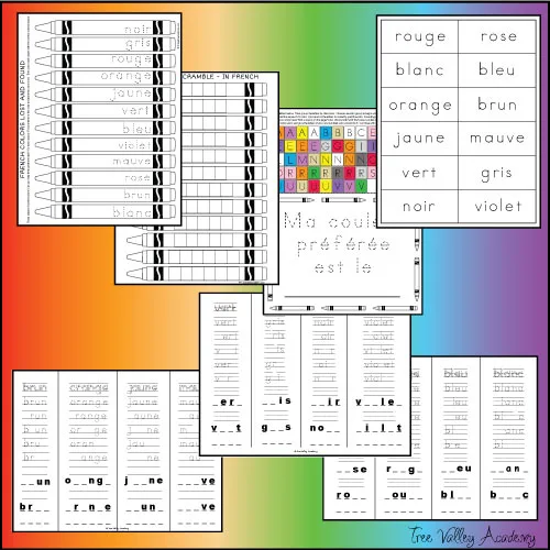 7 pages of free printable worksheets for kids to learn colors in french, and how to read, write and spell the french colors.