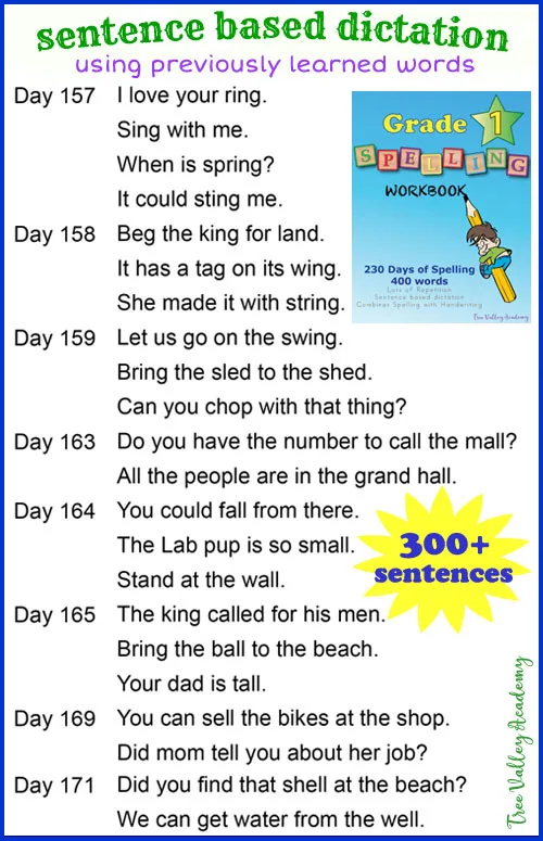 Grade 1 spelling curriculum ideal for homeschoolers. 230 day lesson plan that combines spelling with learning handwriting with a strong focus on lowercase letters. Sentence based dictation provides lots of repetition of previously learned spelling words. 400+ spelling words.