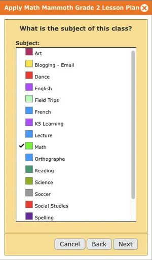 Click 4 when scheduling a year's worth of assignments with a lesson plan on Homeschool Planet is choosing the subject. It's done in only a few clicks.