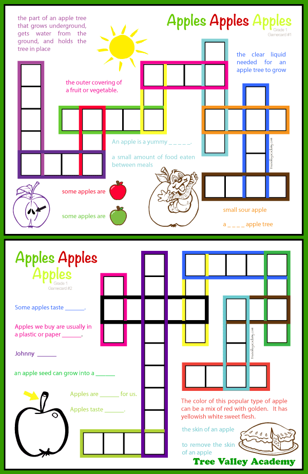 Kid friendly apple themed crossword puzzles for Grade 1 students. 8 free printables for a first grade apple unit that will help the student learn the spellings of 20 apple words. Vocabulary games, crosswords, word search and more.