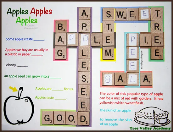 Grade 1 apple themed spelling game inspired by Scrabble Jr. Grade 1 students can practice 20 grade 1 spelling words with kid friendly crossword puzzles, apple word search and spelling games & activities. Great in an apple unit.