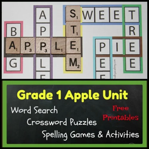 8 Free printables for a first grade apple unit. Kid friendly apple themed crossword puzzles, an apple word search, spelling activities and games. All activities help the student learn the spellings of 20 Grade 1 apple words.