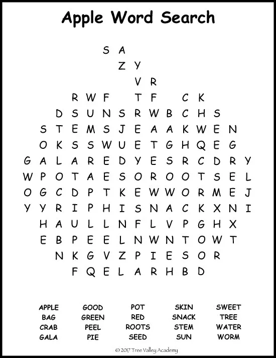 Apple themed first grade word search puzzle using 20 Grade 1 apple words. 8 pages of free printables for a first grade apple unit.