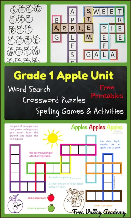 8 Free printables for a first grade apple unit. Kid friendly apple themed crossword puzzles, an apple word search, spelling activities and games. All activities help the student learn the spellings of 20 Grade 1 apple words.