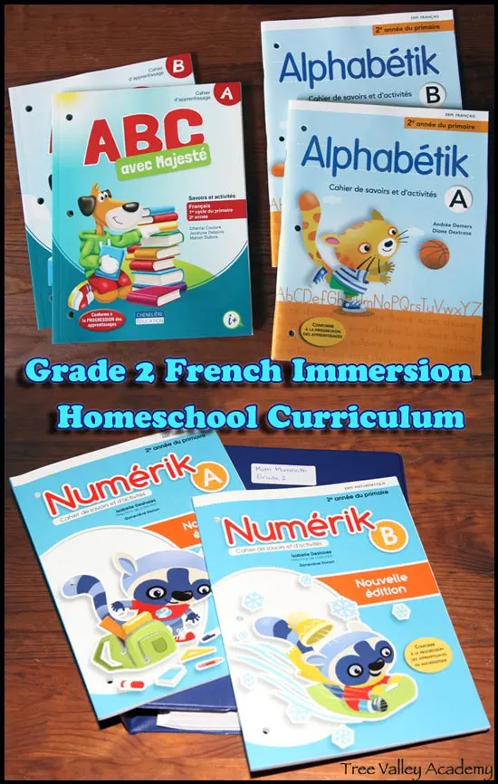 Our Grade 2 Curriculum Choices for our french immersion homeschool. Subjects include: math, french, english, science, art, music, life skills, gym, and bible study.