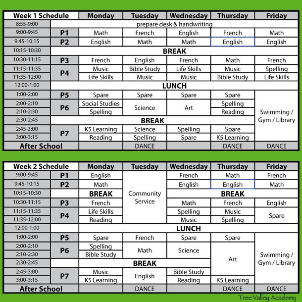 Our Grade 2 homeschooling schedule. We have 2 weekly schedules that alternate weekly.