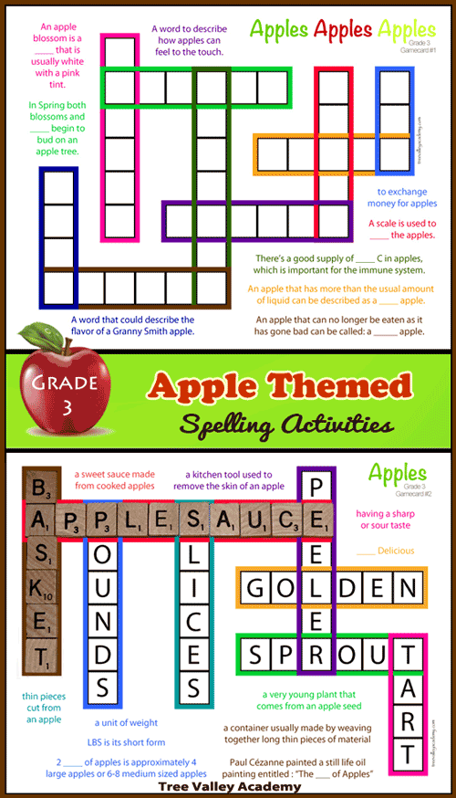 Grade 3 apple themed spelling activities. 2 kid-friendly crossword puzzles, 2 spelling games, a word search and other spelling activities to practice the spellings of 17 third grade apple themed words. 8 pages of free printables.