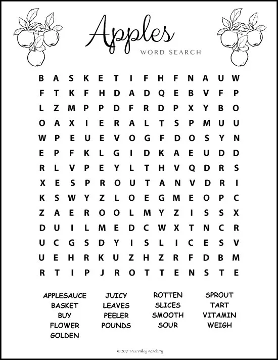 Apple themed third grade word search puzzle using 17 Grade 3 apple themed words. 8 pages of free printables for a third grade apple unit.