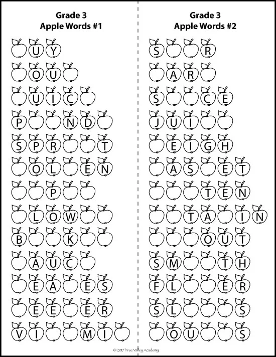 Apple themed spelling activities for a third grader. Learning the spelling of 17 Grade 3 apple words.