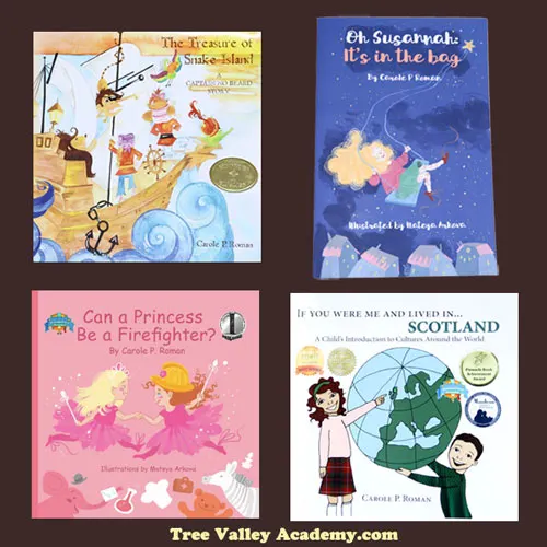 A review of 4 children's books by award winning author Carole P. Roman.