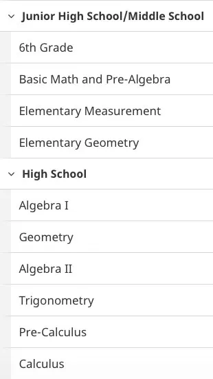 A CTCMath review - A screenshot of the topics for middle and high school on CTCMath - an online math curriculum for Kindergarten to high school.