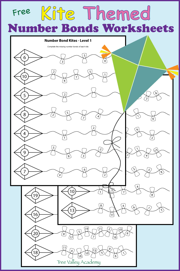 3 pages of free number bond to 20 worksheets with a kite theme. Makes a good number bonds review and can be used for summer math worksheets.