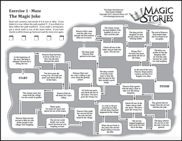 A maze like exercise for "The Magic Stories", a supplemental reading program for 2nd or 3rd graders. 