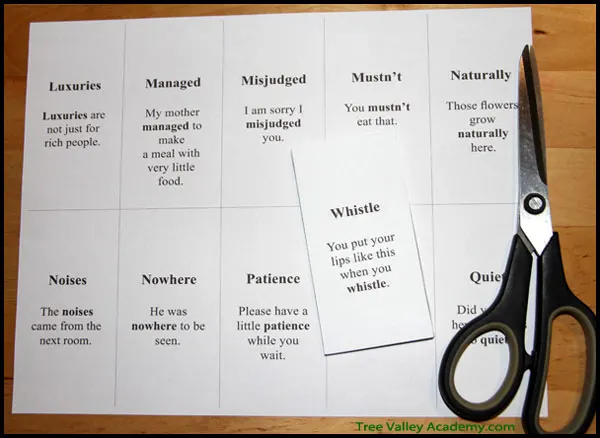 Cutting up flashcards to review difficult sight words and vocabulary with 2nd or 3rd grader before reading the story. Review of "The Magic Stories".