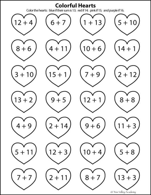 Heart Themed Addition Worksheets for Kids - Tree Valley Academy