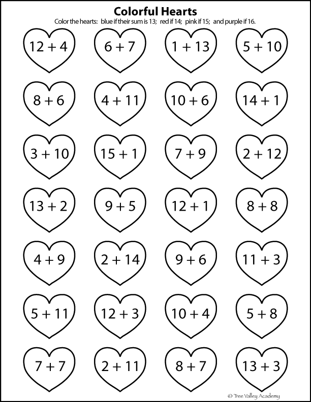 Free printable heart themed math worksheet to practice the number bonds of 13 to 16. A coloring only worksheet. #freeprintables #coloringpages #math #numberbonds #hearts