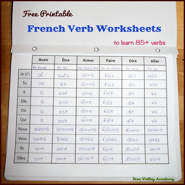 17 pages of free printable french verb worksheets to learn the present tense of 85+ common verbs. 2 blank printables included that can be printed as many times as needed for adding verbs of your choice. Put pages in duo tang and your child can make their own french verb dictionary (bescherelle) for easy reference. #learnfrench #fsl