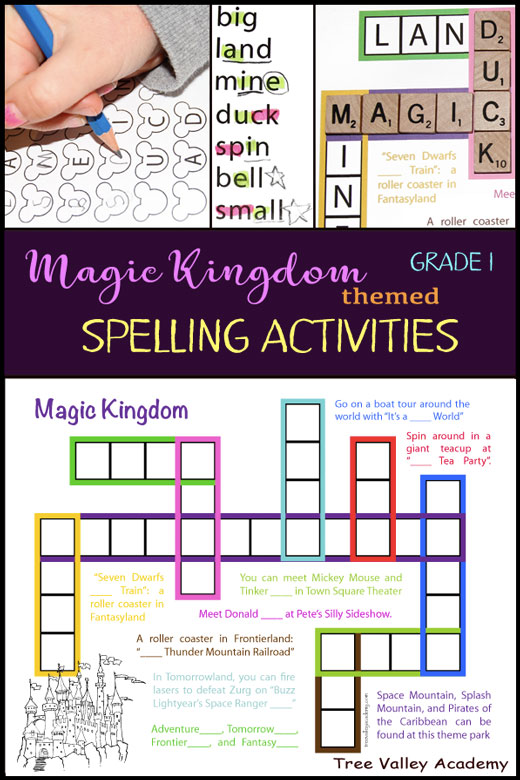 Grade 1 Magic Kingdom themed spelling activities. 4 pages of free printables including a kid-friendly crossword puzzle, a spelling game, a word study, and more. Make spelling fun with Disney themed word lists and activities.