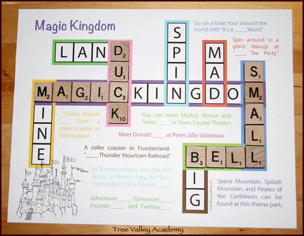 A one-page printable Magic Kingdom spelling game for 1st graders. It looks similar to a crossword puzzle only the crossword is already filled in. The box of each letter is the size of a scrabble letter. Kids will take turns placing scrabble pieces on the game card to complete words.