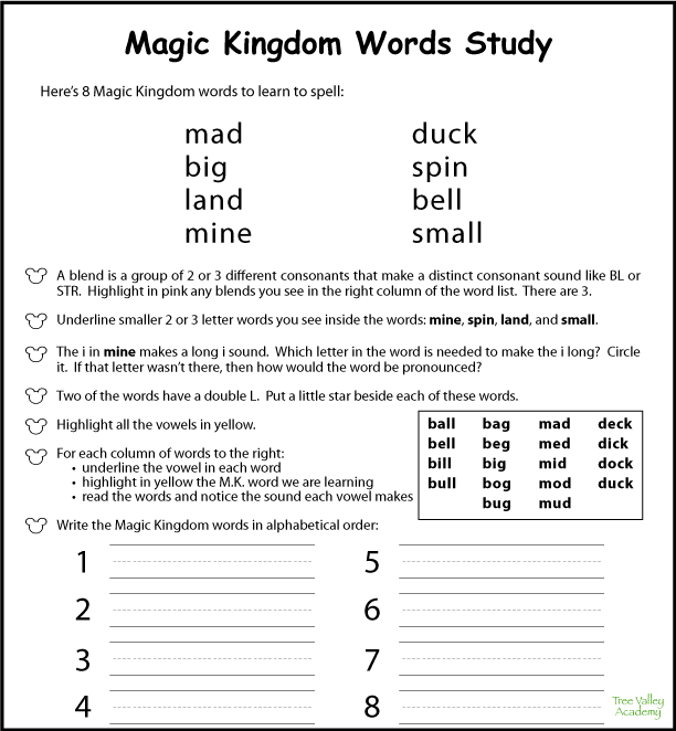 Free printable spelling worksheet for Grade 1 students to observe and learn the spelling of 8 Magic Kingdom themed words. Great as part of a Disney unit.