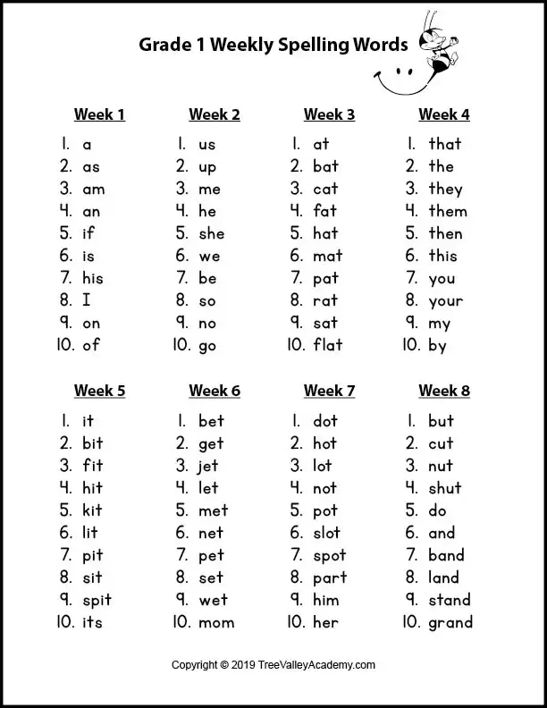 1st Grade Spelling Words - 32 Weekly Spelling Lists
