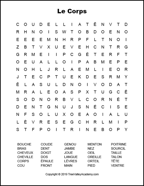 French body parts worksheet. Free printable word search of body parts in french. | Fiche de travail sur les parties du corps. Mots cachés gratuits.