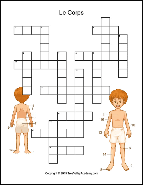 French body parts worksheet. Free printable crossword to practice the names of body parts in french. | Fiche de travail sur les parties du corps. Mots cross et mots caches gratuits.