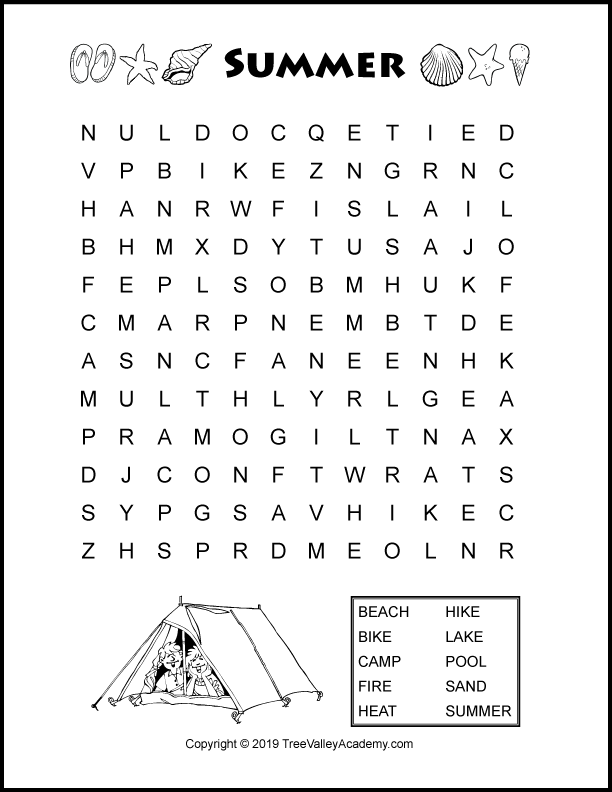 Summer word search for kids. A fun way for kids to work on spelling of summer themed words. These free printable word searches are for kids at a grade 2, 3 & 4 spelling level. #summerlearning #summerspelling #wordsearch #wordsearchforkids #wordsearchprintable #elementary #freeprintable #summeractivities #wordsearchanswers #wordsearchpdf #grade2 #homeschooling #treevalleyacademy