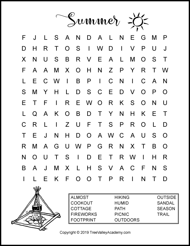 Summer word search for kids. A fun way for kids to work on spelling of summer themed words. These free printable word searches are for kids at a grade 2, 3 & 4 spelling level. #summerlearning #summerspelling #wordsearch #wordsearchforkids #wordsearchprintable #elementary #freeprintable #summeractivities #wordsearchanswers #wordsearchpdf #grade4 #homeschool #treevalleyacademy