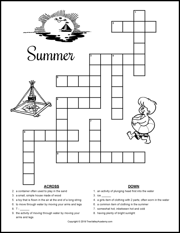 A black and white full page printable summer crossword for kids around 3rd grade. There are 6 clues across and 6 clues down for kids to solve. Kids can color images that decorate the puzzle of a sun on the water, a running barefoot boy wearing a bathing suit and a pool float ring and a campfire.