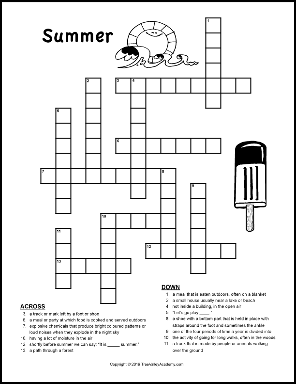 A black and white full page printable summer crossword for kids around 4th grade. There are 6 clues across and 8 clues down for kids to solve. Kids can color images of a sun with a wave, and a popsicle that decorate the puzzle.