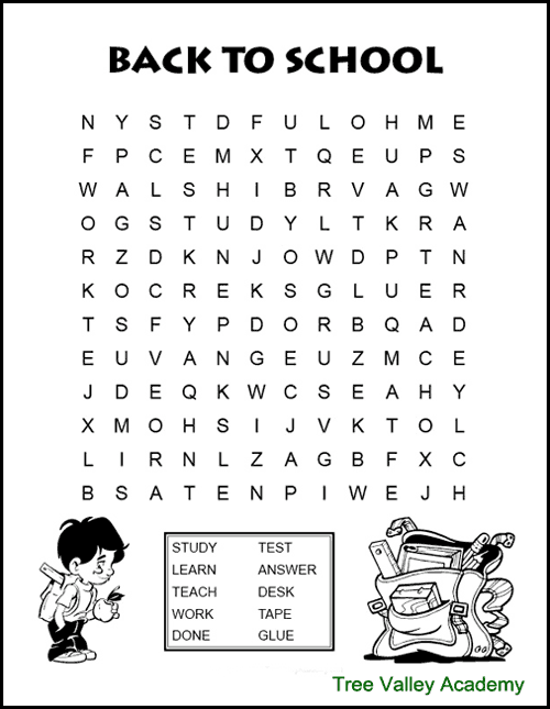 Easy back to school word search puzzle for kids around 2nd grade spelling level.  10 hidden words hidden in a 12 X 12 grid of large print letters. Free printable black and white pdf with answers. 