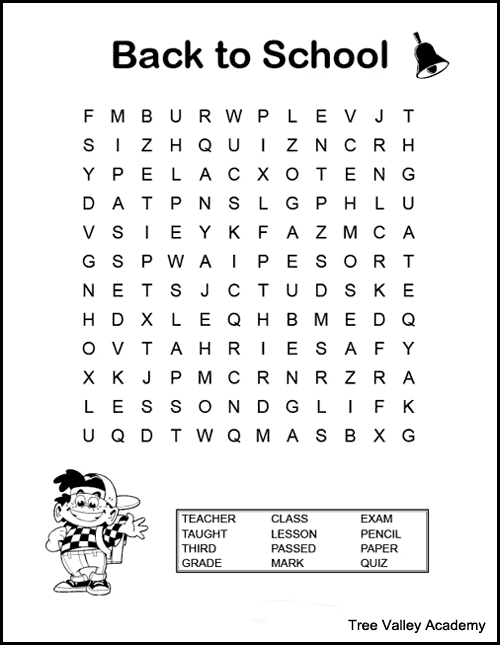 Free printable back to school word search puzzle for kids beginning grade 3.  12 hidden 3rd grade spelling words hidden in a 12 X 12 grid of large print letters. Free printable black and white pdf with answers. 