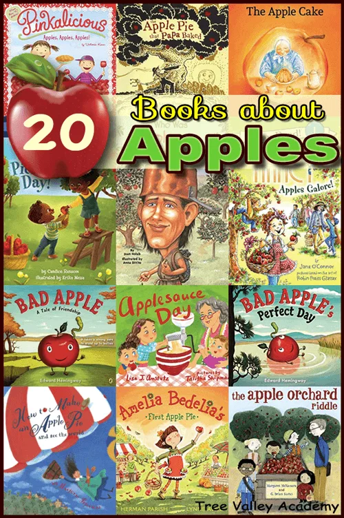 20 children's books about apples. Includes books about apple picking; books about apple pie; books about applesauce; books about Johnny Appleseed; and non-fiction apple books. #appletheme #elementary #apples #applebooks #treevalleyacademy