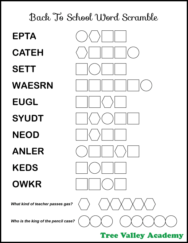 Easy back to school word scramble printable with answers. There's 10 jumbled school words for elementary aged kids to unscramble.  The words are between 4 and 6 letters long and are 2nd grade spelling words.  When all the words are unscrambled, the letters in circles and hexagons will reveal a mystery message. The message is the answer to two back to school jokes.