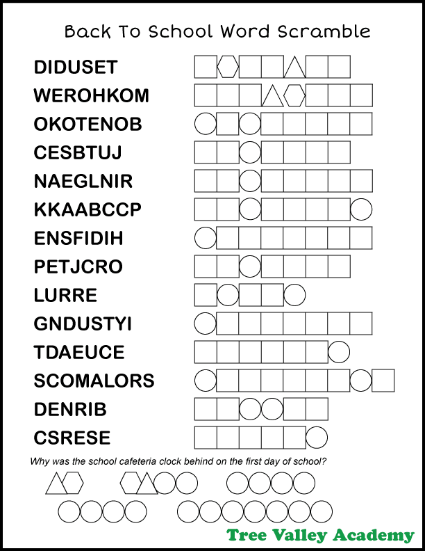 Free printable back to school word scramble printable with answers. There's 14 jumbled school words for upper elementary kids or older to unscramble.  The words are between 5 and 9 letters long and are 4th grade spelling words.  When all the words are unscrambled, the letters in circles, triangles and hexagons will reveal the answer to a back to school joke.