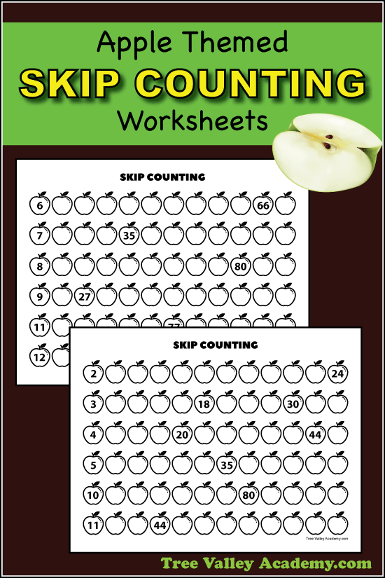 Apple themed skip counting worksheets. Kids can practice learning to count by 2's all the way to counting by 12's. #applemath #appleworksheets #skipcounting #multiplication #treevalleyacademy