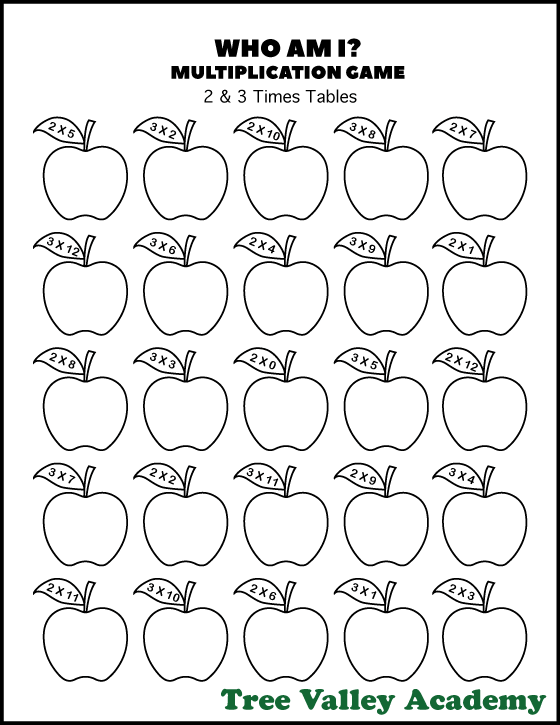 Kids can have fun practicing their multiplication tables with this "Who Am I?" multiplication game.  #freeprintables #applemath #multiplicationgames #appleworksheets #multiplication #coloringworksheets #treasurehunt #funmultiplicationworksheets #treevalleyacademy