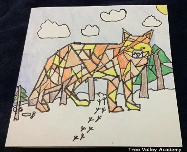 How to make geometric animal art for kids.  Kids can pick their favourite animal and turn it into geometric art.  If desired, these art projects can be used to make some beautiful greeting cards.  This is a handmade greeting card a 4th grader did of a fox. Detailed instructions for kids to make their own animal math art. #mathart #animals #fox #geometricfox #treevalleyacademy