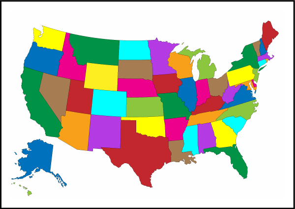 A colored map of United States.  A color by number multiplication activity for kids that combines math, geography and art. #mathart #multiplication #colorbynumber #geography #unitedstates #USA #treevalleyacademy