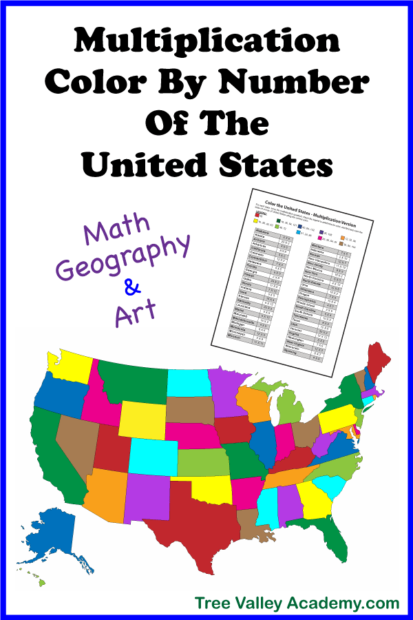 A color by number multiplication activity for kids that combines math, geography and art. Kids practice their multiplication and learn the names of the states in this coloring worksheet.  #mathart #multiplication #colorbynumber #geography #unitedstates #USA #treevalleyacademy