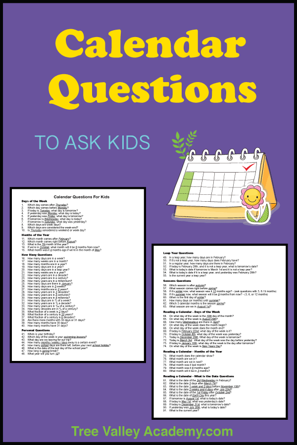 2 pages of printables of 91+ calendar questions to ask kids 